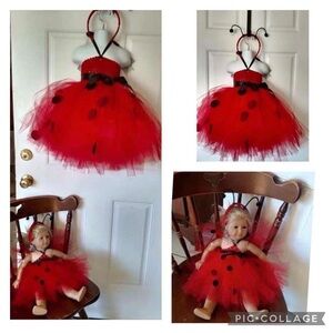 NWOT Hand made 12m-2yrs Lady Bug Red/black Tutu dress/headband with doll Tutu